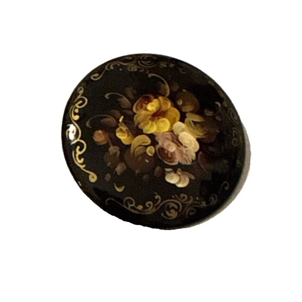 Vintage Russian Black Lacquer Floral Brooch Papier-mache Hand Painted Pin Signed